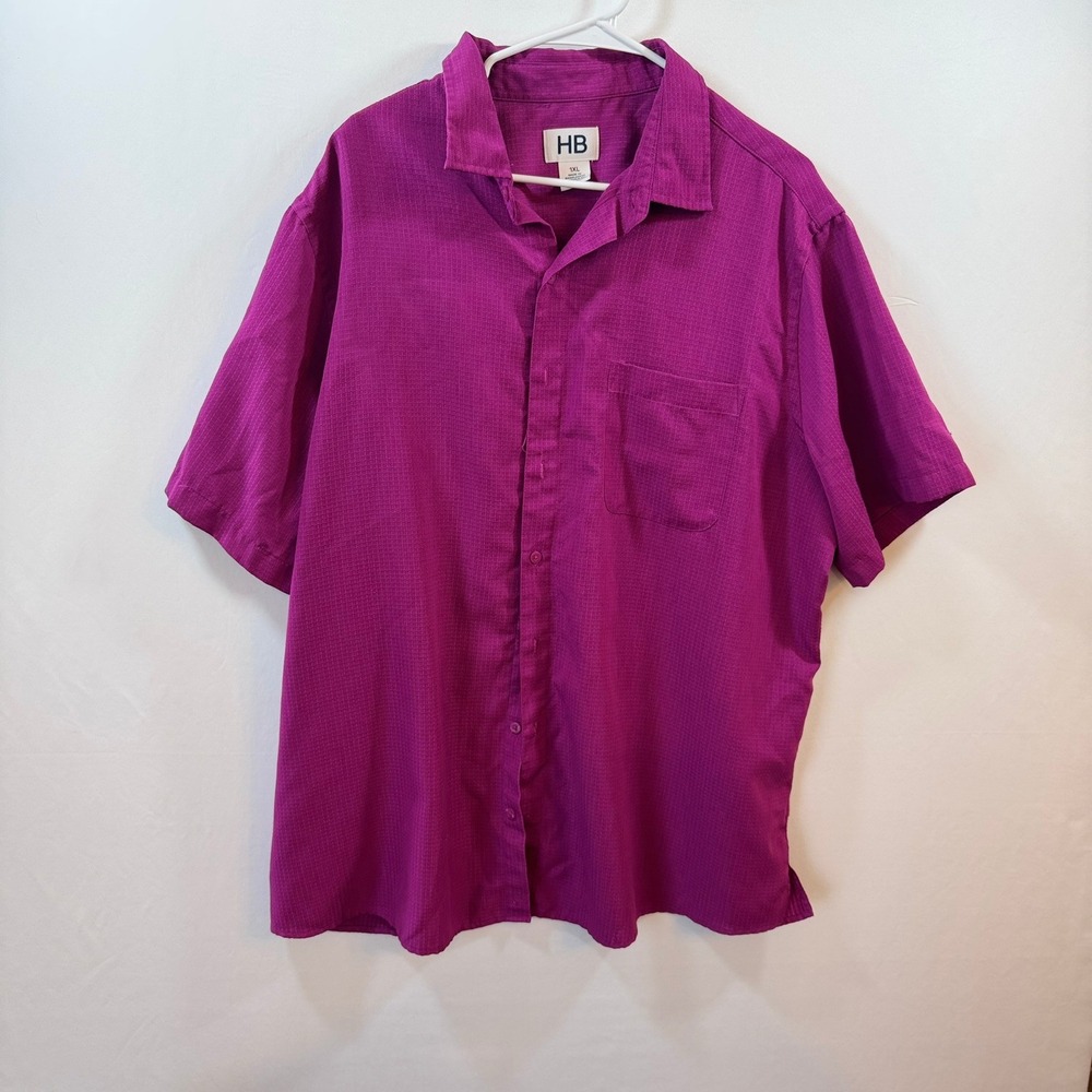 HB Mens 1XL Magenta Purple Grid Texture Short Sleeve Button Down Shirt Ripstop